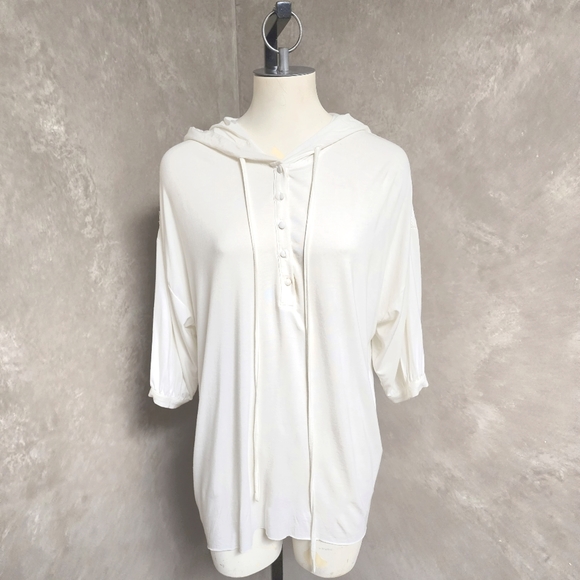 POL Hooded White Short Sleeve Relaxed Fit Boho Style Sweatshirt Size Small - Picture 4 of 15